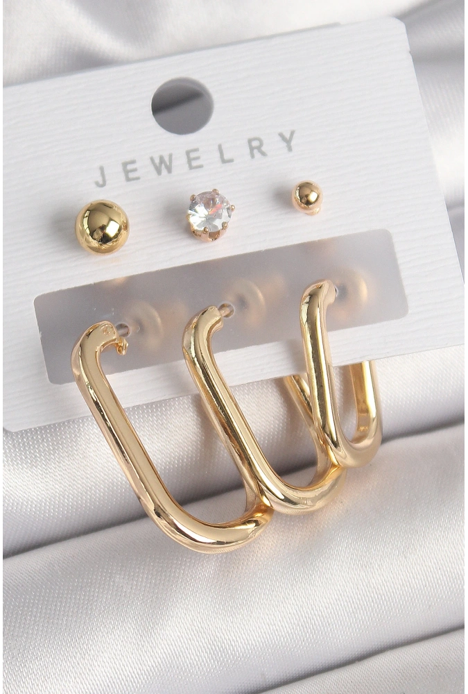 Shoecide Pirinç Gold Renk Halka Model Zirkon Taş Topçuk Detay Kadın Küpe Seti