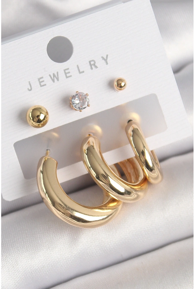 Shoecide Pirinç Gold Renk Halka Model Zirkon Taşlı Topçuk Detay Kadın Küpe