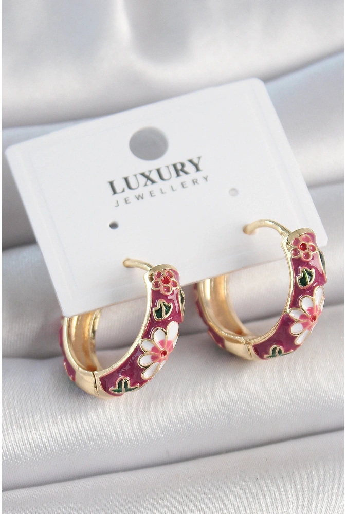 Shoecide Pirinç Gold Renk Halka Mor Çiçek Mineli Kadın Küpe