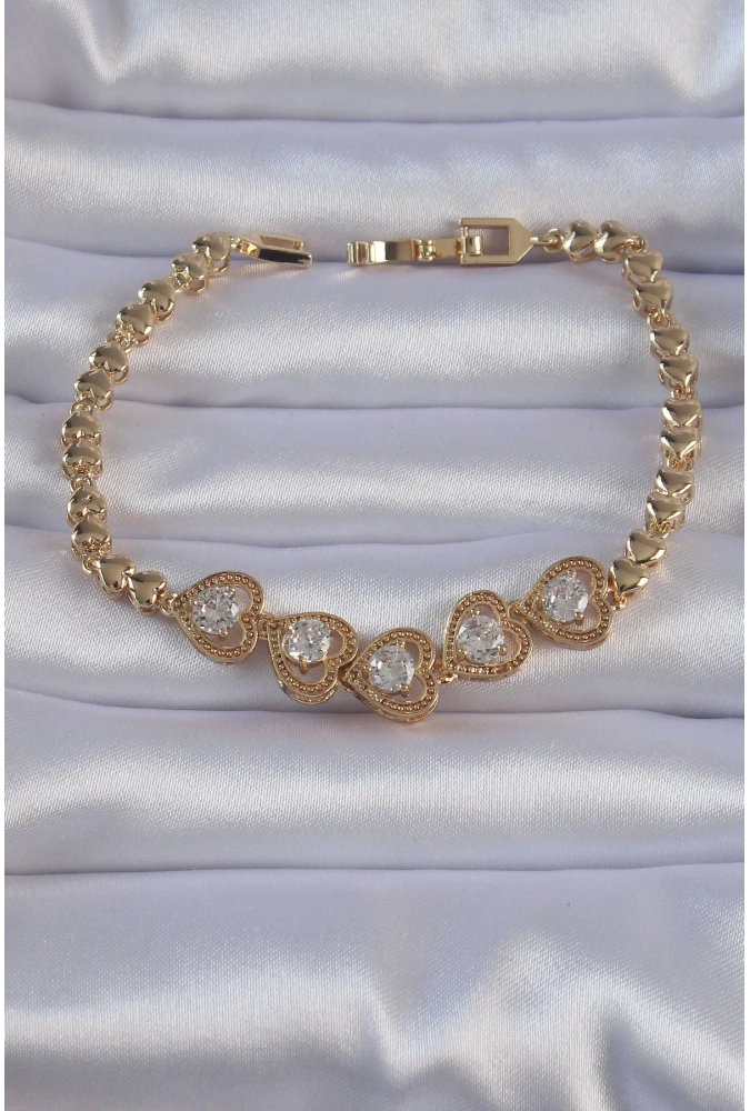 Shoecide Pirinç Gold Renk İçi Zirkon Taşlı Kalp Figürlü Bileklik