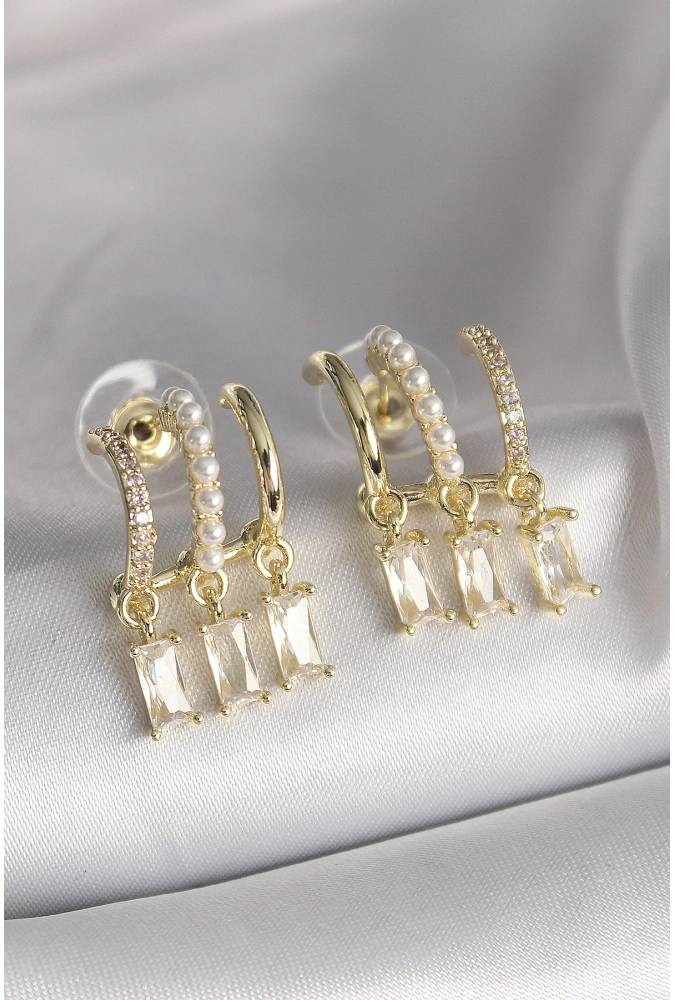 Shoecide Pirinç Gold Renk İnci Detay Sallantı Zirkon Taşlı Kadın Küpe