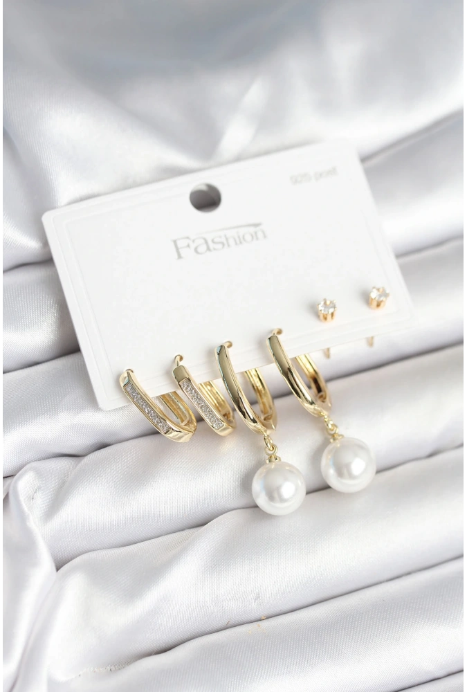 Shoecide Pirinç Gold Renk İnci Detaylı 925 Ayar Gümüş Çivili Kadın Küpe Seti