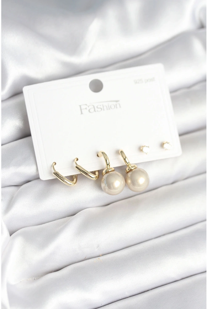 Shoecide Pirinç Gold Renk İnci Detaylı 925 Gümüş Çivili Kadın Küpe Seti