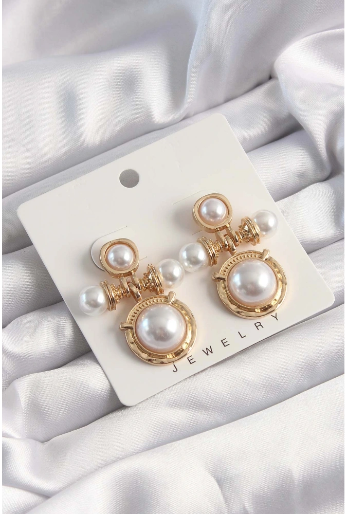 Shoecide Pirinç Gold Renk İnci Taşlı Motifli Küpe