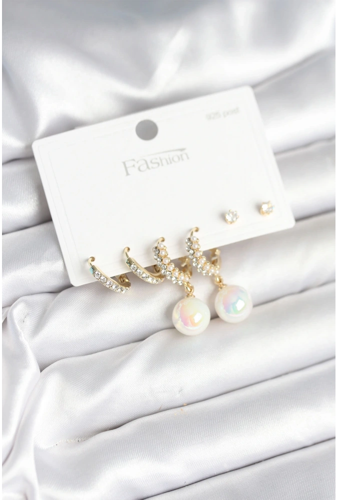 Shoecide Pirinç Gold Renk İncili 925 Ayar Gümüş Çivi Kadın Küpe Seti