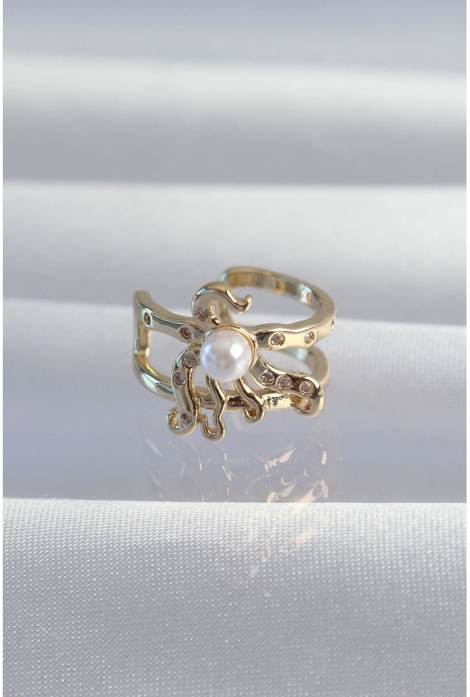 Shoecide Pirinç Gold Renk İncili Ahtapot Earcuff Küpe