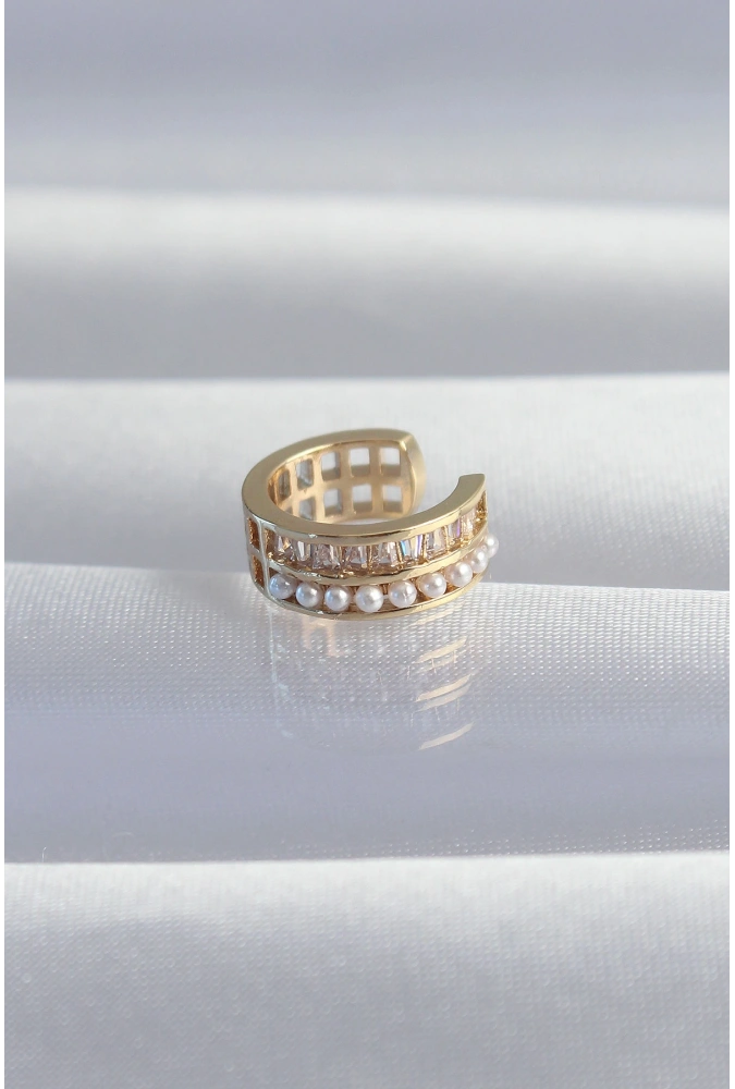 Shoecide Pirinç Gold Renk İncili Baget Taşlı Earcuff Küpe