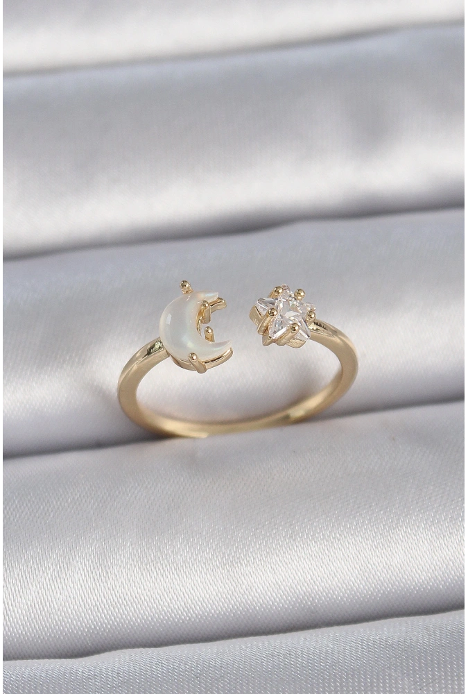 Shoecide Pirinç Gold Renk İncili Hilal Zirkon Taşlı Yıldız Ayarlanabilir Model Kadın Yüzük