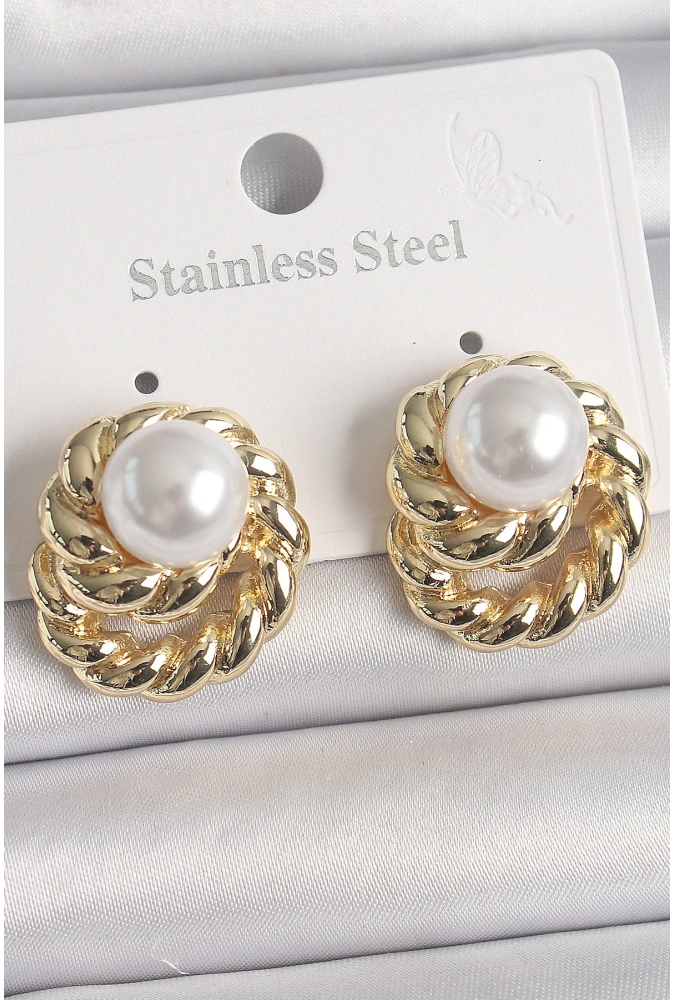 Shoecide Pirinç Gold Renk İncili Sarmal Burgu Model Kadın Küpe