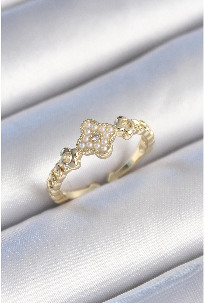 Shoecide Pirinç Gold Renk İncili Yonca Model Zirkon Taş Detay Kadın Yüzük