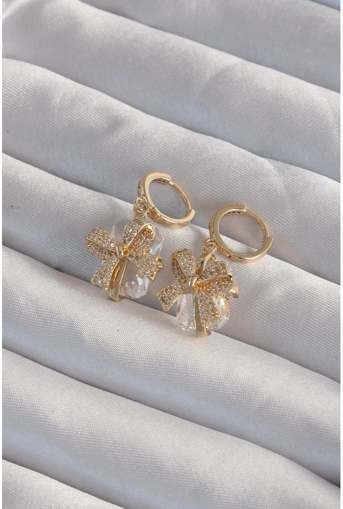 Shoecide Pirinç Gold Renk İri Zirkon Taşlı Fiyonk Model Halka Küpe