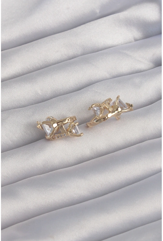 Shoecide Pirinç Gold Renk İri Zirkon Taşlı Kıvrımlı Minimal Kelebekli Halka Küpe