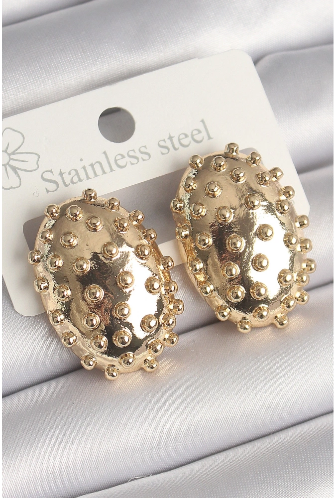 Shoecide Pirinç Gold Renk İşleme Detaylı Oval Bombe Plaka Model Kadın Küpe