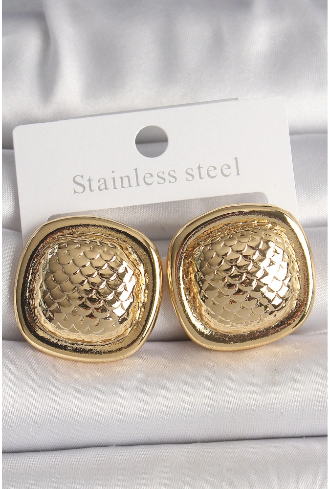 Shoecide Pirinç Gold Renk İşlemeli Kare Model Kadın Küpe