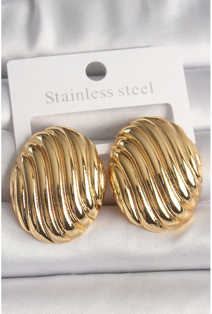 Shoecide Pirinç Gold Renk İşlemeli Oval Model Kadın Küpe