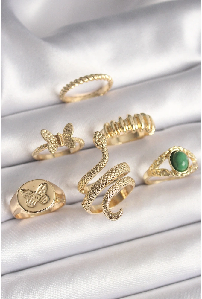 Shoecide Pirinç Gold Renk İşlemeli Yılan Model Kelebek Detay 6lı Kadın Yüzük Seti