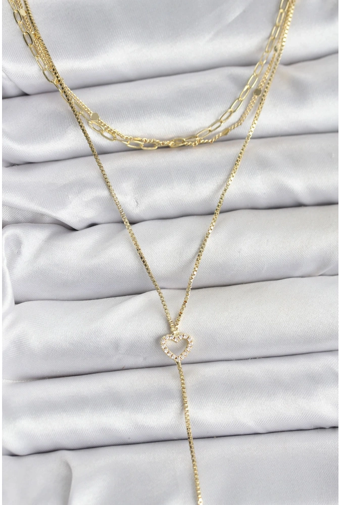 Shoecide Pirinç Gold Renk Kalp Detaylı 3lü Kombin Y Kadın Kolye