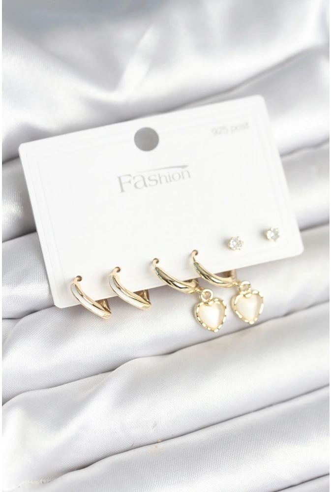 Shoecide Pirinç Gold Renk Kalp Detaylı 925 Ayar Gümüş Çivili Kadın Küpe Seti