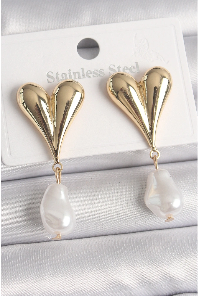 Shoecide Pirinç Gold Renk Kalp Model Sallantı İnci Damla Model Kadın Küpe