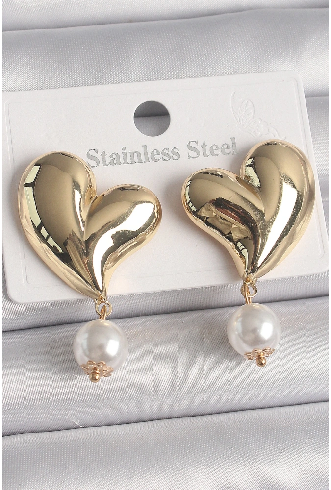 Shoecide Pirinç Gold Renk Kalp Model Sallantı İnci Detay Kadın Küpe