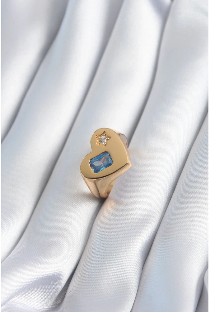 Shoecide Pirinç Gold Renk Kalp Model Zirkon Taş Yıldız Detay Kadın Yüzük