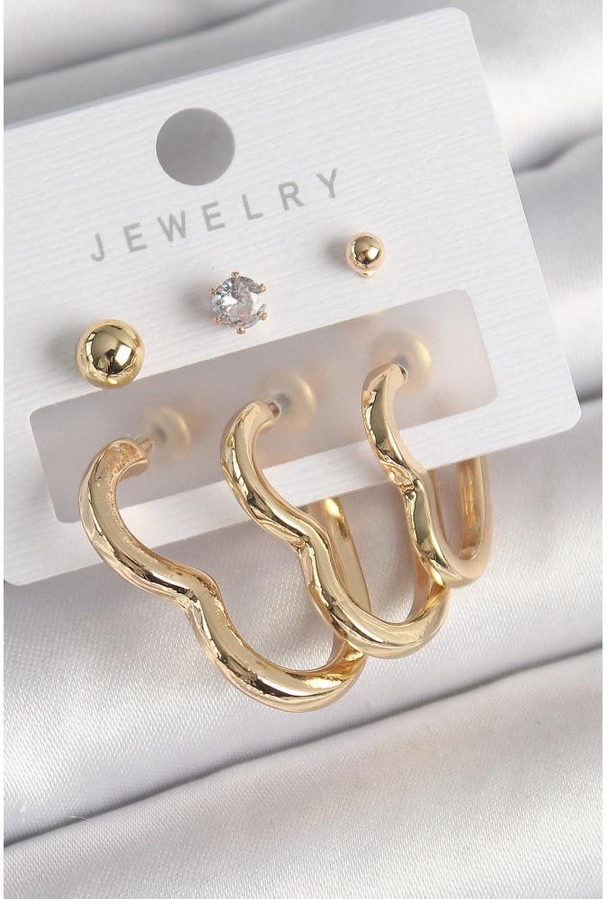 Shoecide Pirinç Gold Renk Kalp Model Zirkon Taşlı Topçuk Detay Kadın Küpe Seti