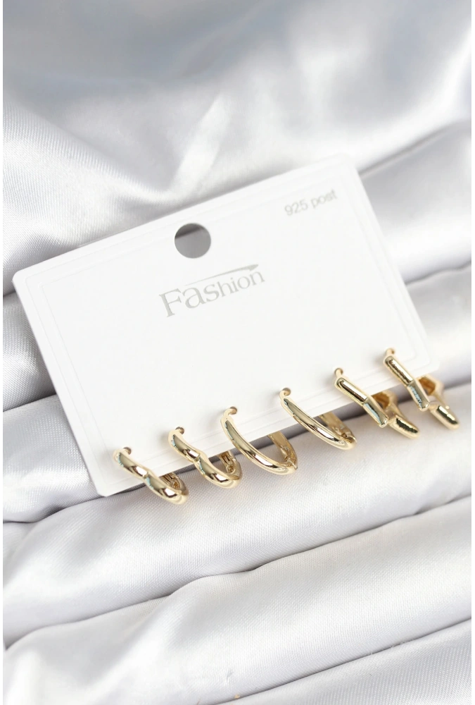 Shoecide Pirinç Gold Renk Kalp Yıldız Ve Halka Model 925 Ayar Gümüş Çivili Kadın Küpe Seti