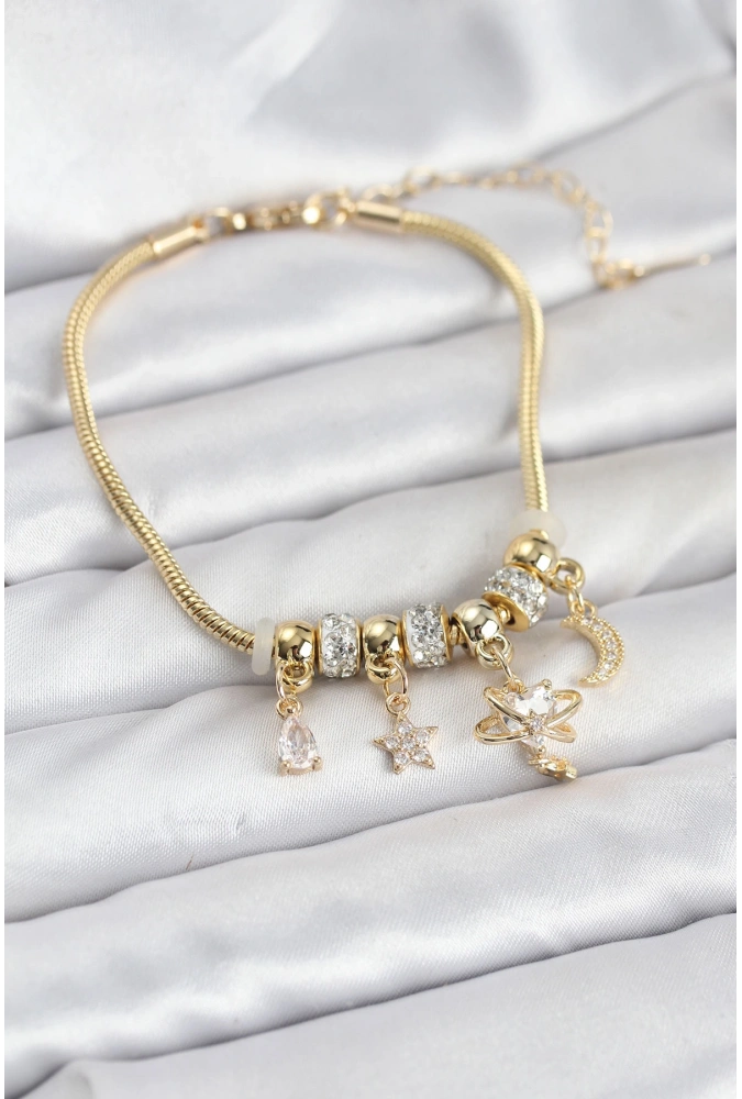 Shoecide Pirinç Gold Renk Kalpli Model Charmlı Kadın Bileklik