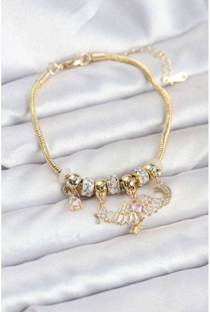 Shoecide Pirinç Gold Renk Kanatlı Charmlı Kadın Bileklik