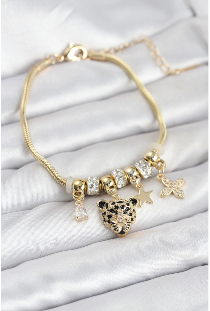 Shoecide Pirinç Gold Renk Kaplan Model Charmlı Kadın Bileklik