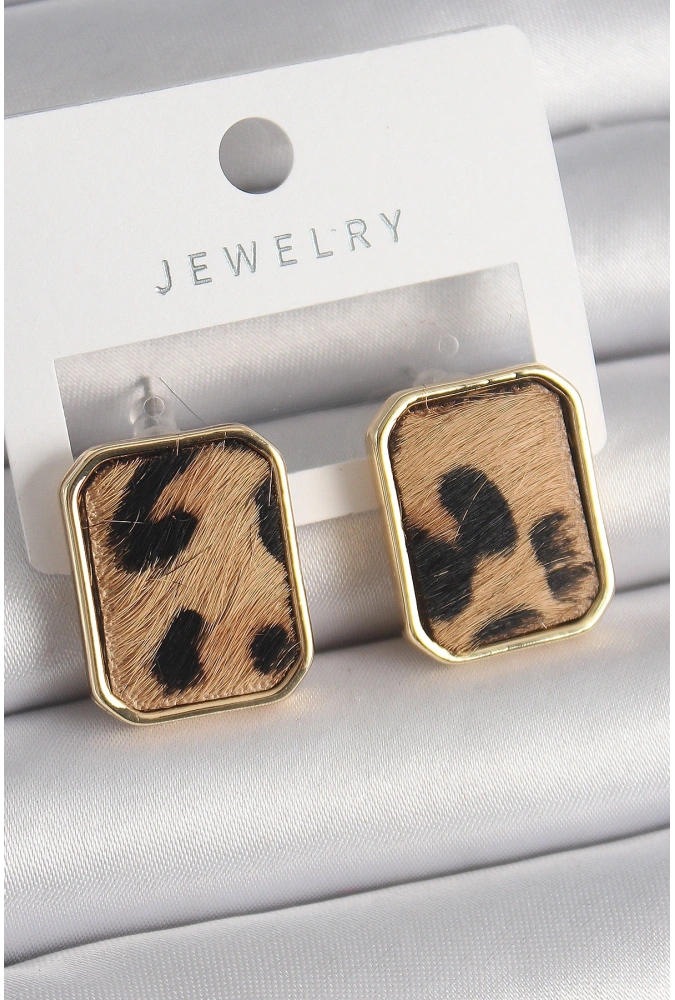 Shoecide Pirinç Gold Renk Kare Leopar Desen Model Kadın Küpe
