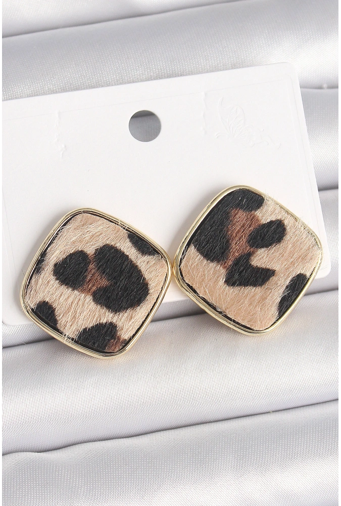 Shoecide Pirinç Gold Renk Kare Leopar Model Kadın Küpe