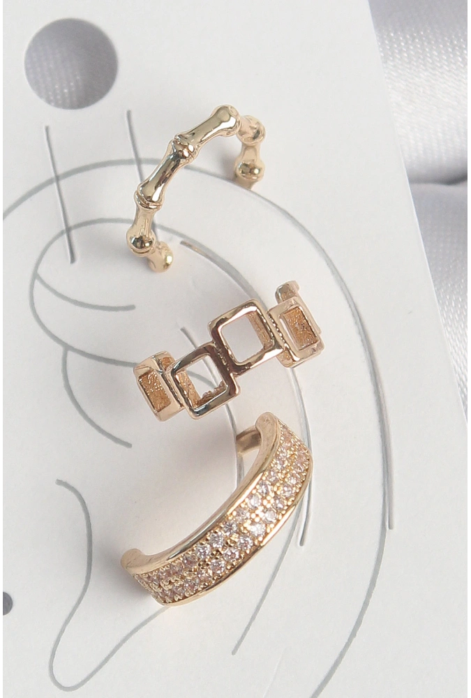 Shoecide Pirinç Gold Renk Kare Model Zirkon Taşlı 3lü Model Kadın Kıkırdak Küpe