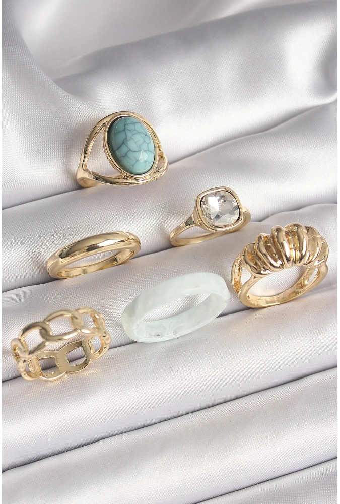 Shoecide Pirinç Gold Renk Kare Zirkon Taşlı Sarmal Model Mavi Taş Detay 6lı Kadın Yüzük Seti