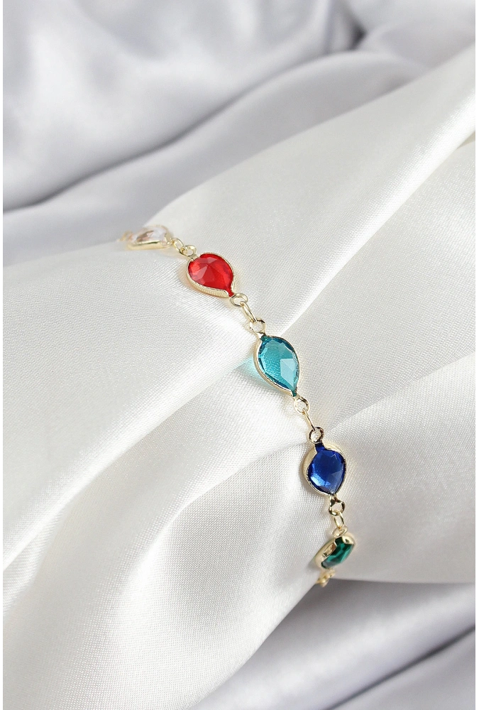 Shoecide Pirinç Gold Renk Karışık Renk Damla Zirkon Taşlı Kadın Bileklik