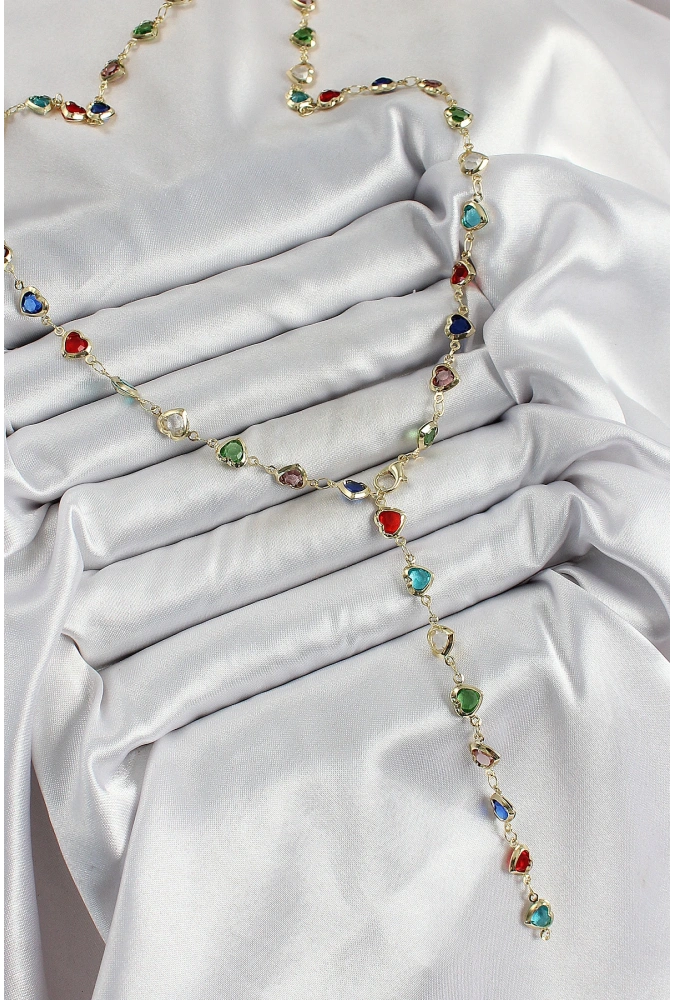 Shoecide Pirinç Gold Renk Karışık Renk Zirkon Taşlı Kalpli Y Kadın Kolye