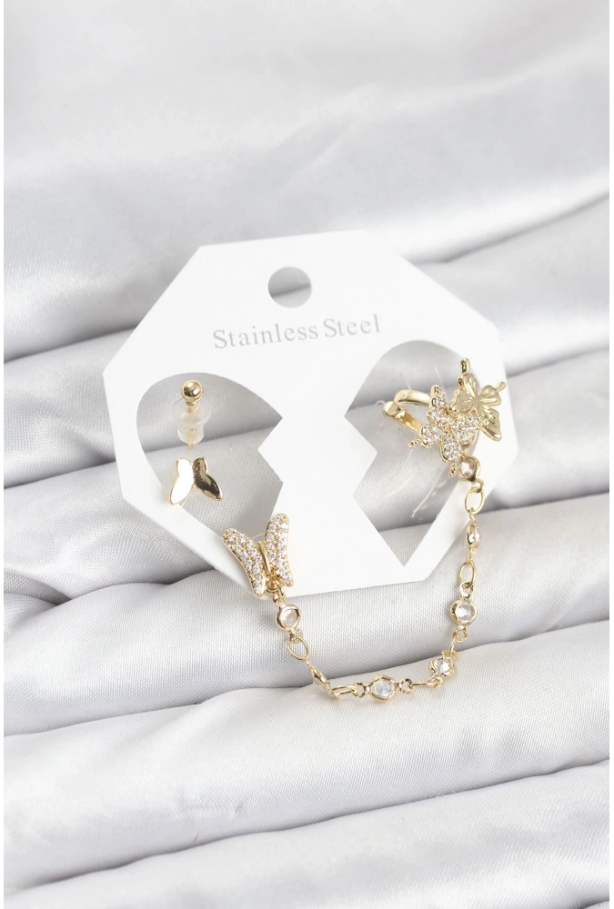 Shoecide Pirinç Gold Renk Kelebek Model Zincir Bağlantılı Ear Cuff Küpe Seti