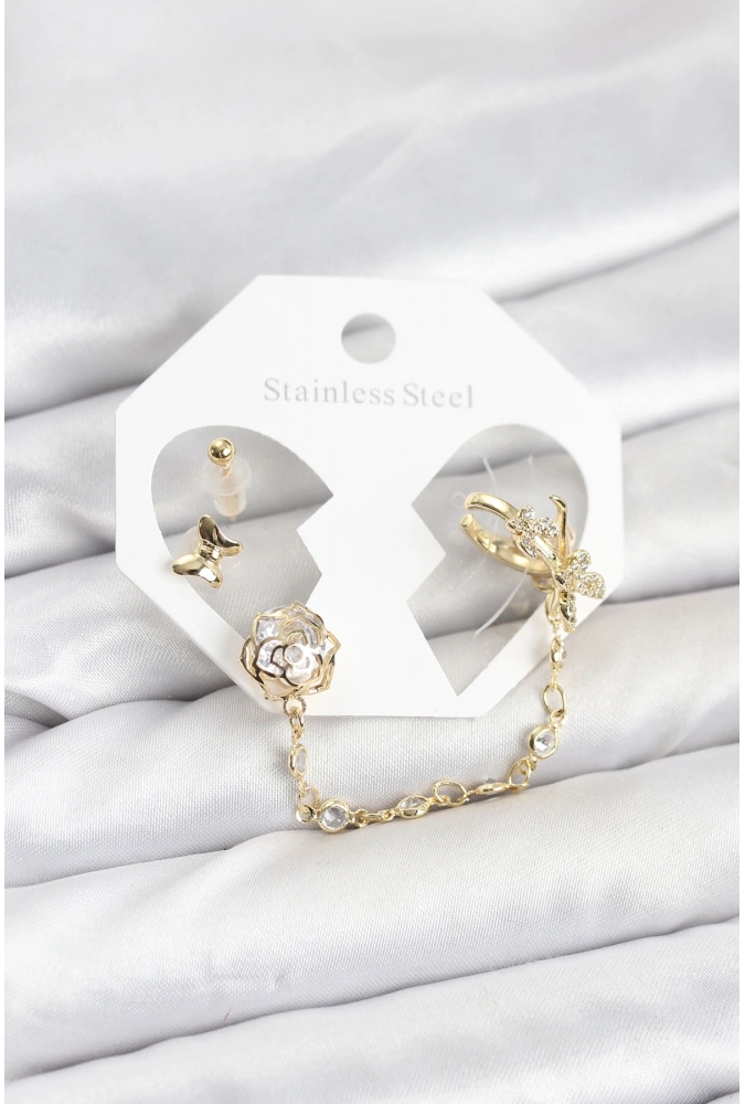 Shoecide Pirinç Gold Renk Kelebekli Model Zincir Bağlantılı Ear Cuff Küpe Seti