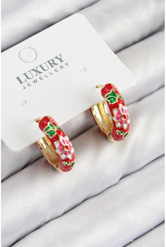 Shoecide Pirinç Gold Renk Kırmızı Çiçek İşleme Mineli Kadın Küpe