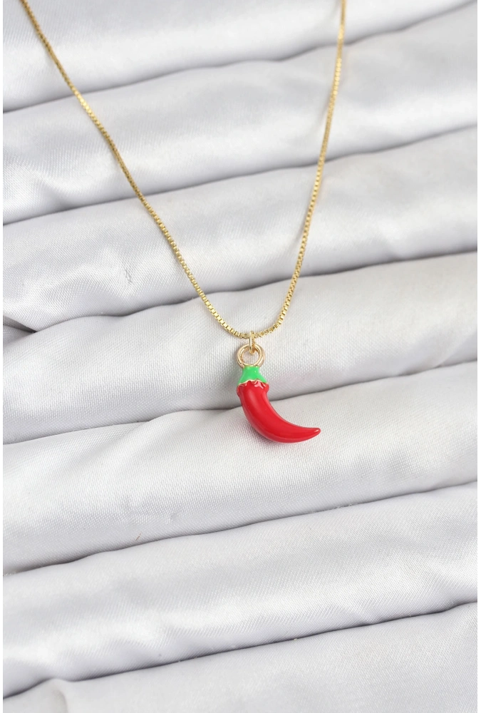 Shoecide Pirinç Gold Renk Kırmızı Kapya Biber Model Kadın Kolye