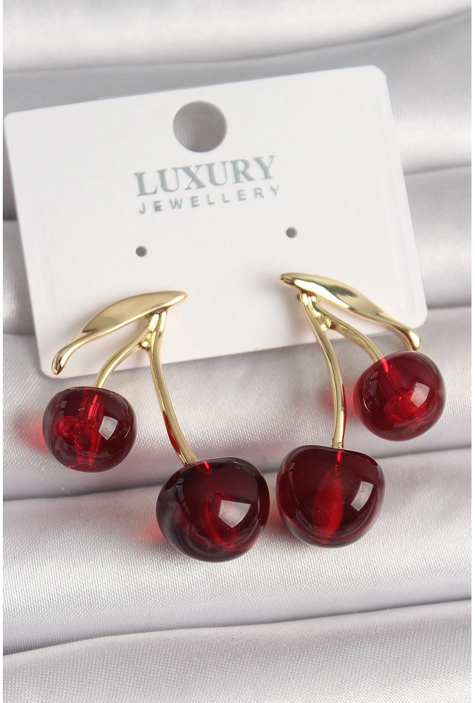 Shoecide Pirinç Gold Renk Kırmızı Kiraz Model Kadın Küpe