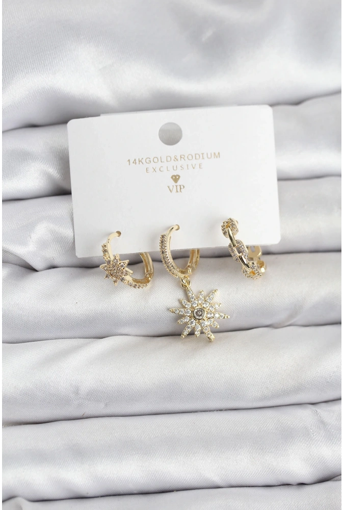 Shoecide Pirinç Gold Renk Kutup Yıldızı Model 3lü Kadın Küpe Seti