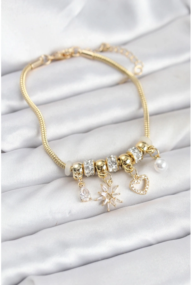 Shoecide Pirinç Gold Renk Kutup Yıldızı Ve Kalp Charmlı Kadın Bileklik