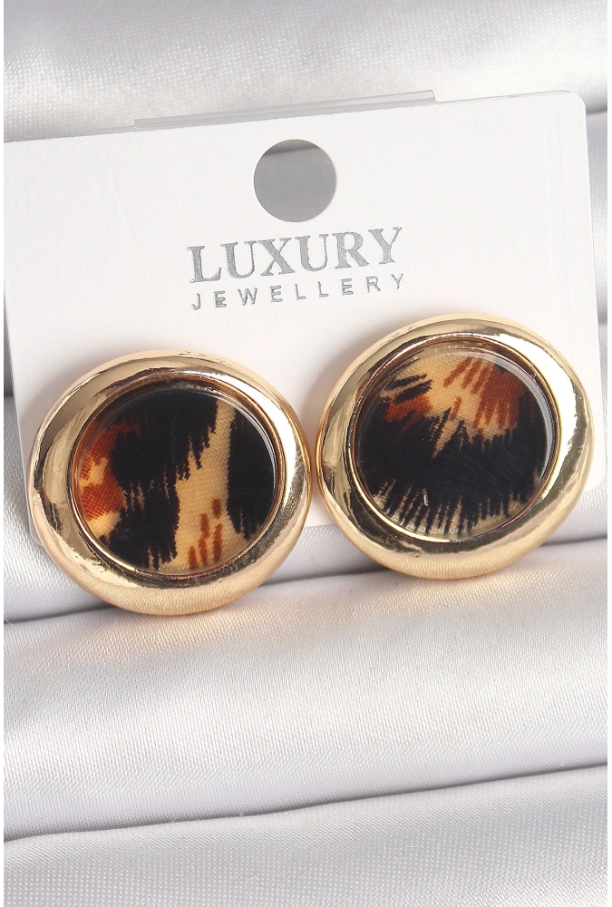 Shoecide Pirinç Gold Renk Leopar Desen Daire Model Kadın Küpe