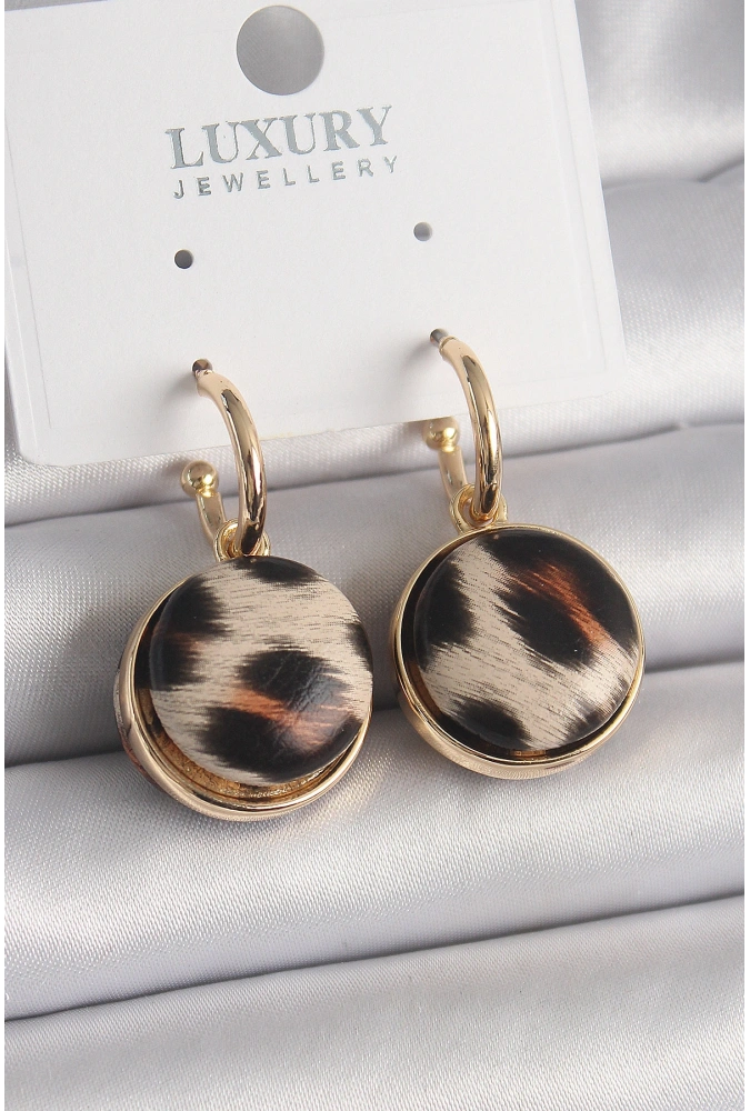 Shoecide Pirinç Gold Renk Leopar Desenli Daire Model Kadın Küpe