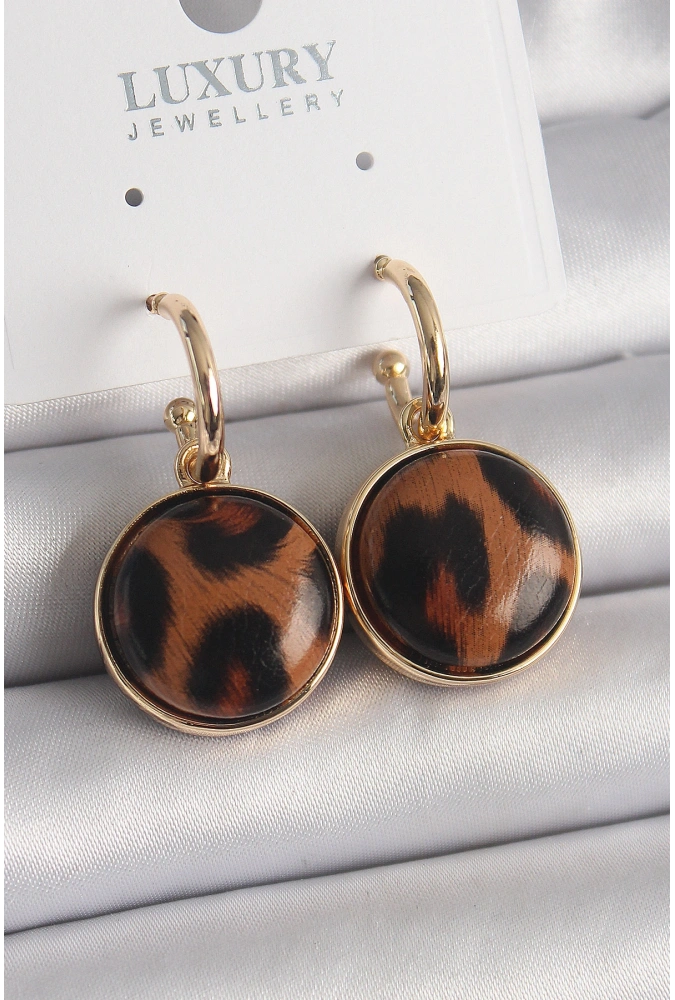 Shoecide Pirinç Gold Renk Leopar Desenli Daire Model Kadın Küpe