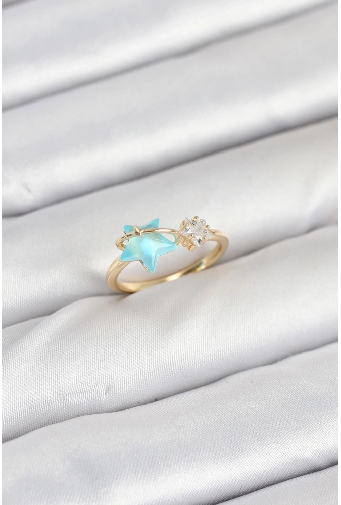 Shoecide Pirinç Gold Renk Mavi Yıldızlı Model Kadın Yüzük