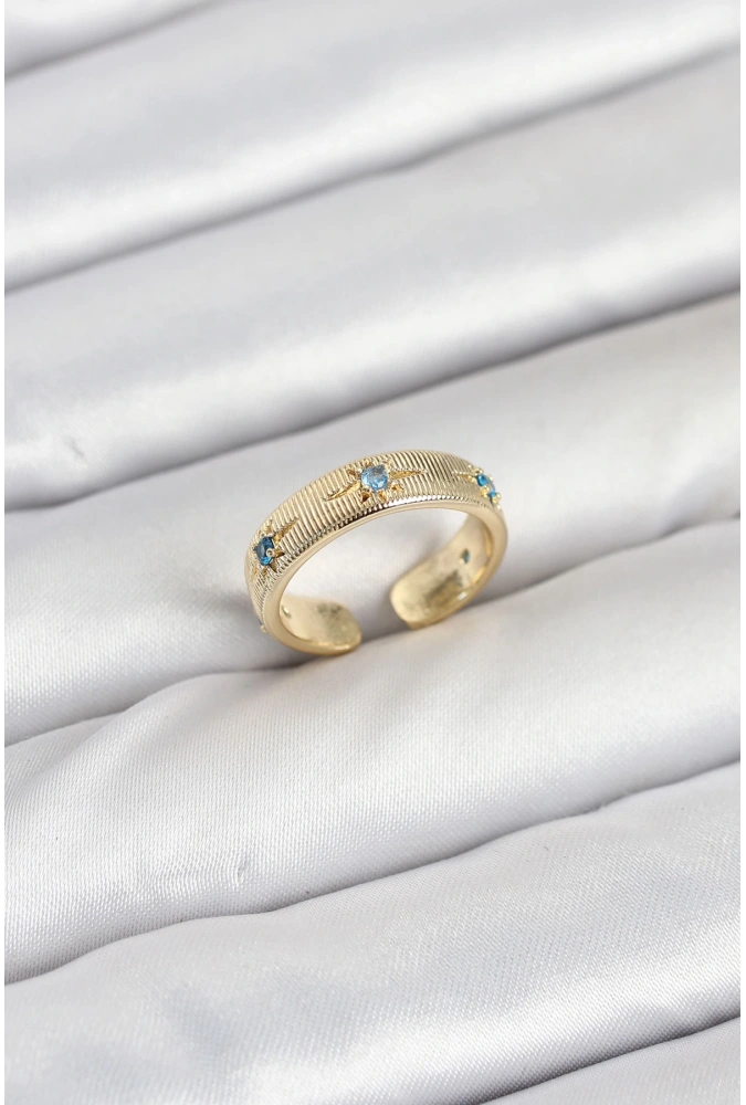 Shoecide Pirinç Gold Renk Mavi Zirkon Taşlı Kutup Yıldızı Model Kadın Yüzük