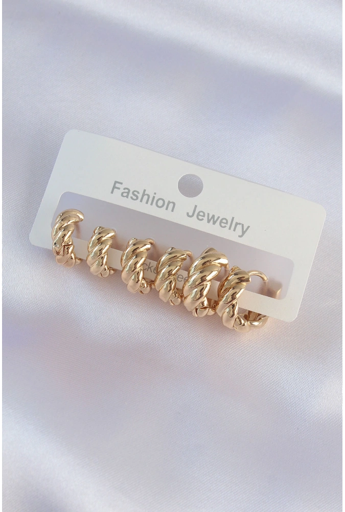 Shoecide Pirinç Gold Renk Minimal Tırtıklı Küpe Seti