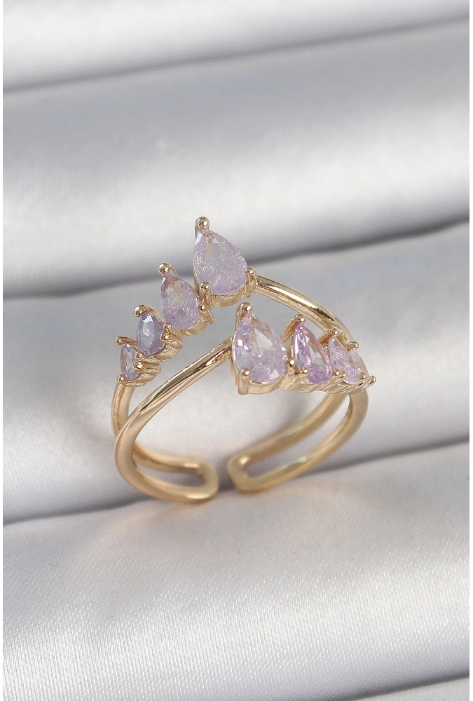 Shoecide Pirinç Gold Renk Mor Damla Zirkon Taşlı Taç Model Kadın Yüzük